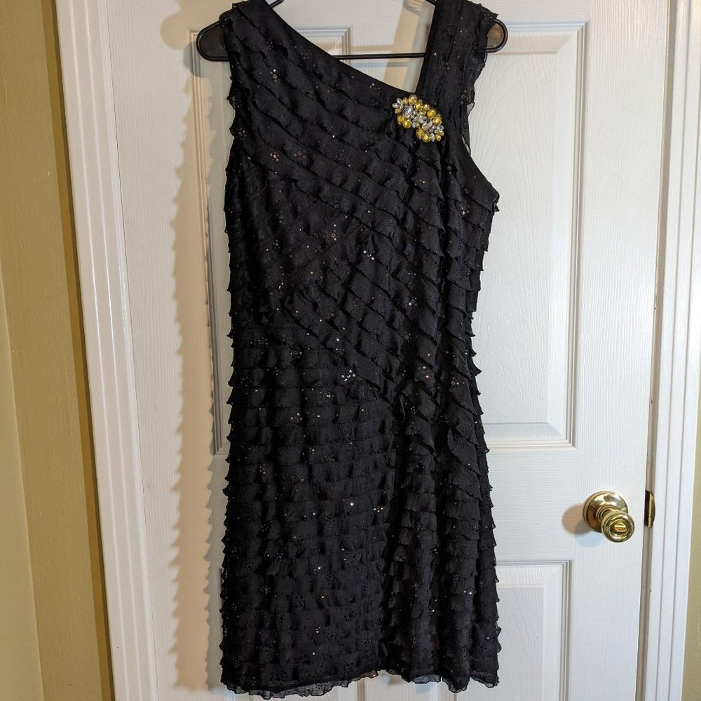 Signature Robbie Bee Black Tiered Sequin Dress w/Rhinestone Details - size L